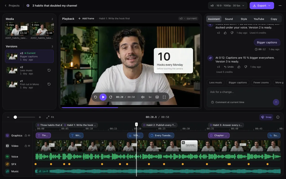 Garren's review room: the finished video, its versions, the chat with each change and the edit's timeline of graphics, video, voice, sound effects and music